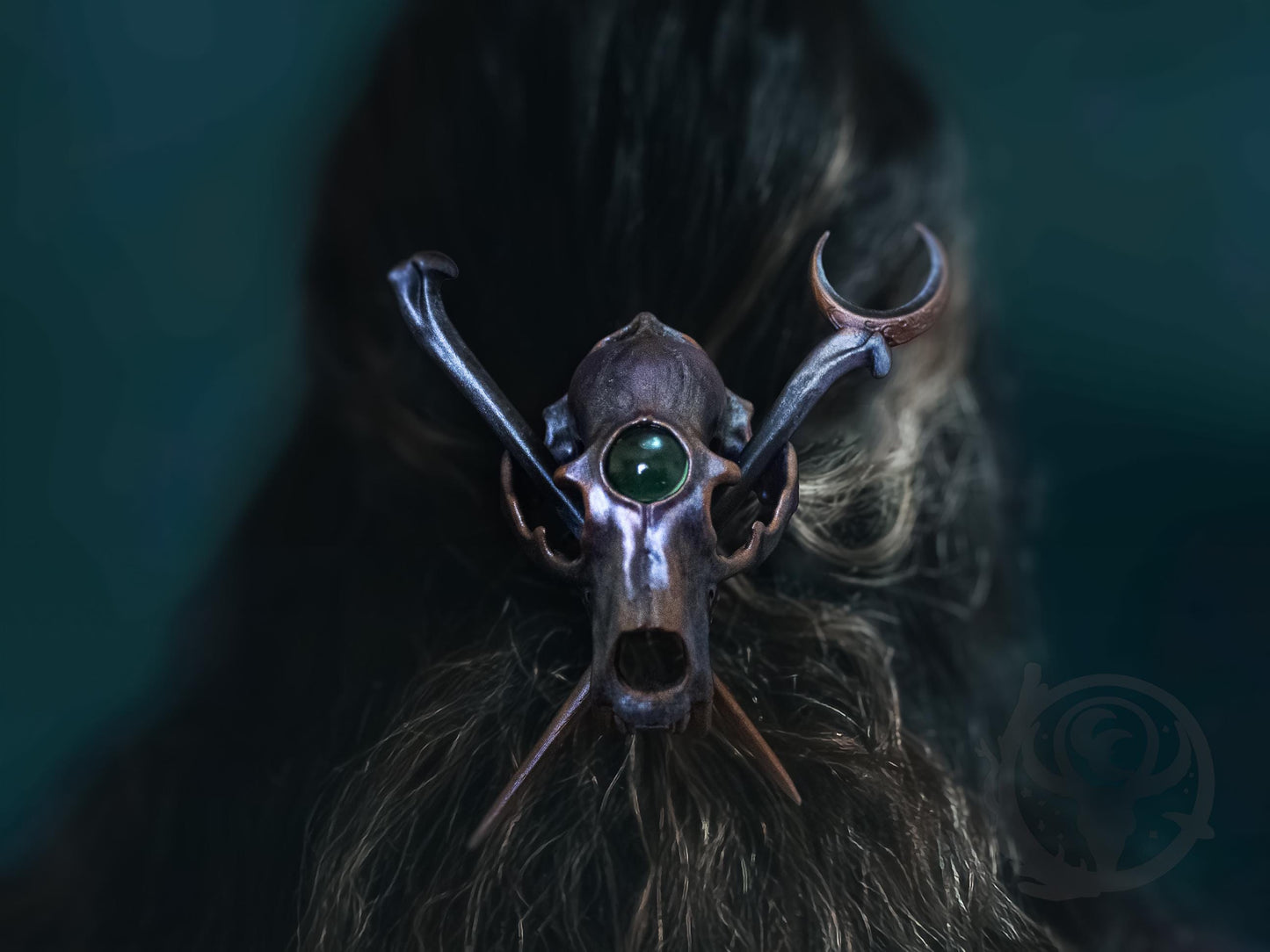 Bear skull hair pin, Copper Purple paint scheme