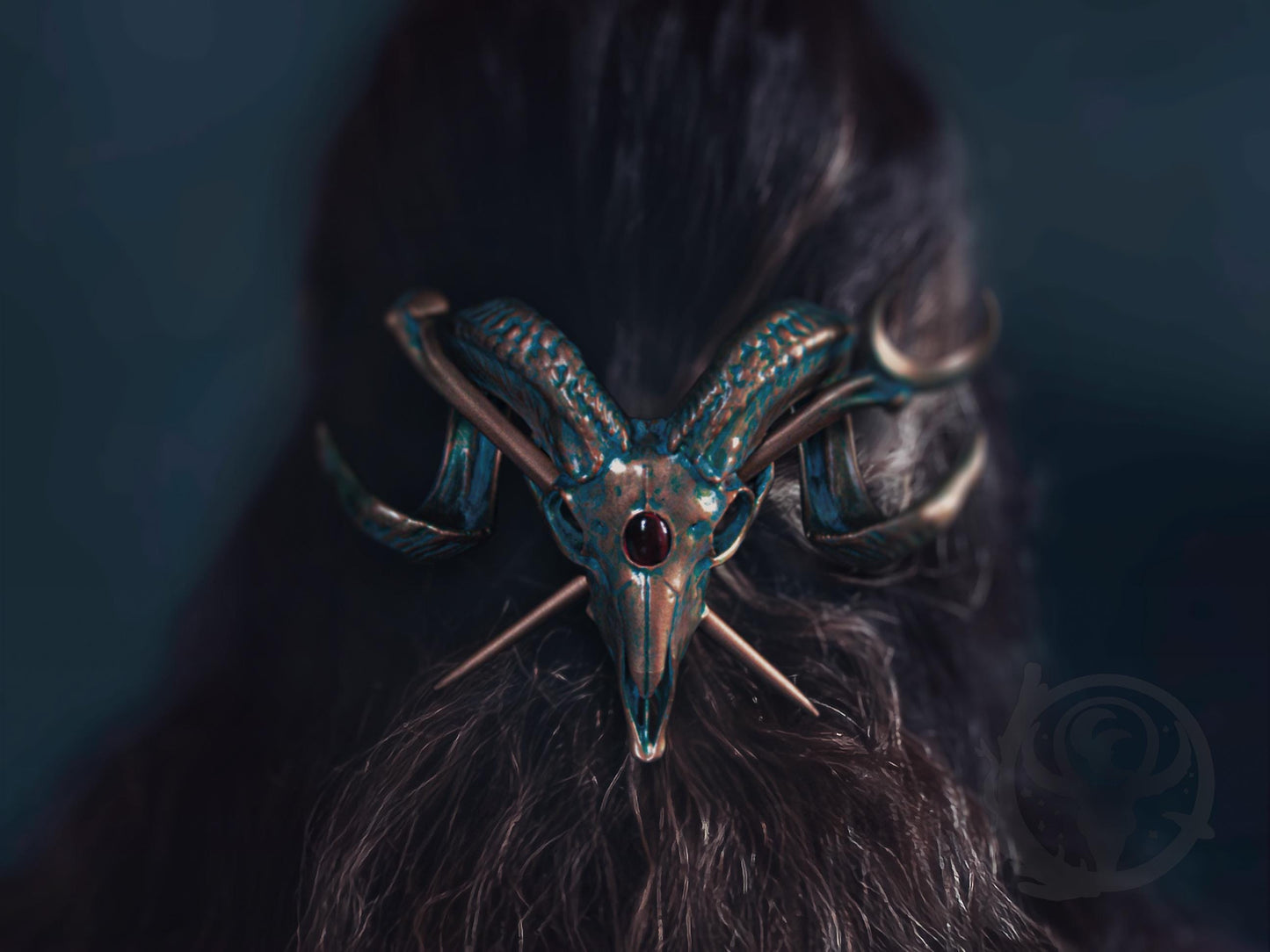 Ram skull hair pin, Copper Patina paint scheme