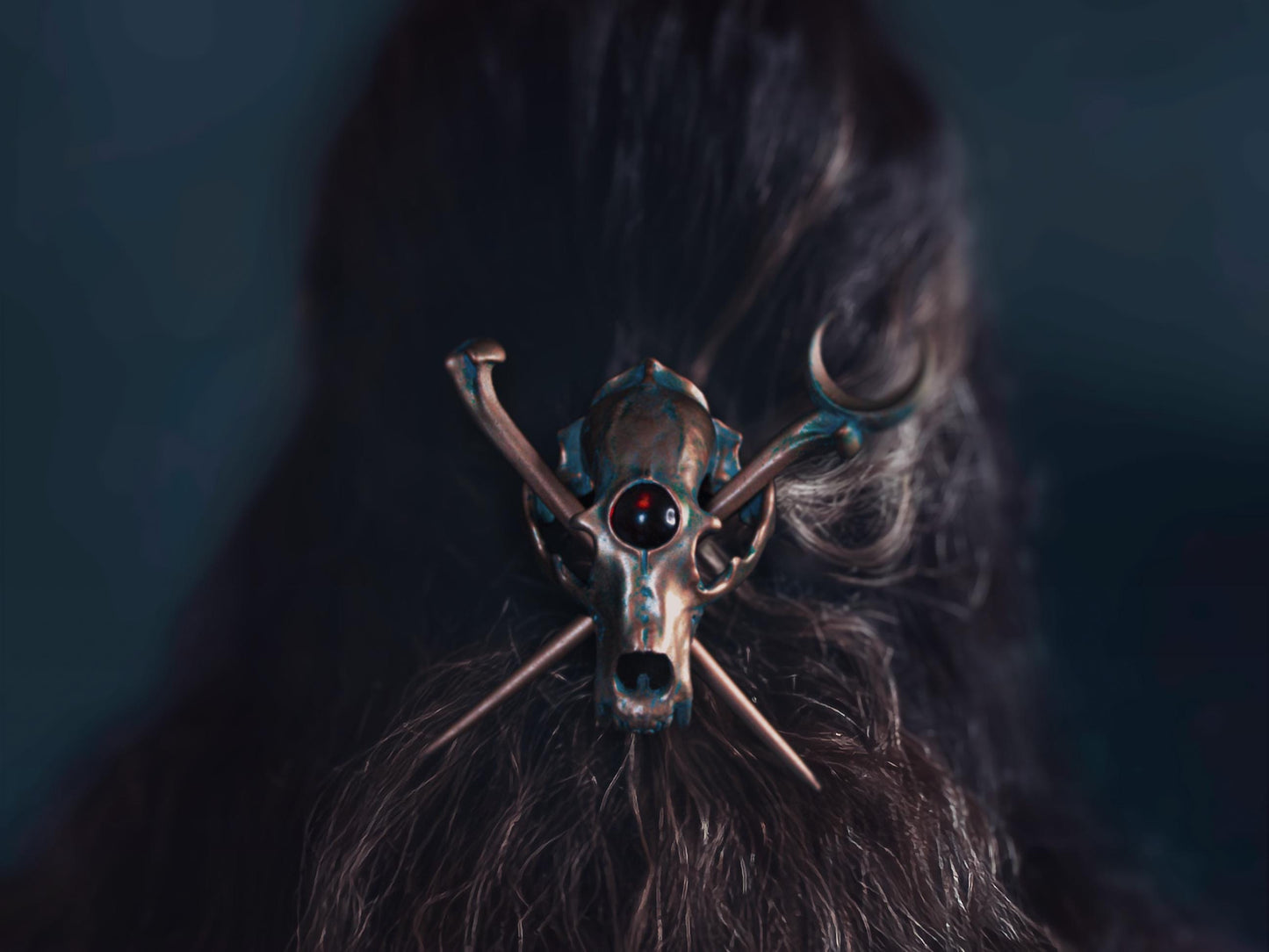 Bear skull hair pin, Copper Patina paint scheme