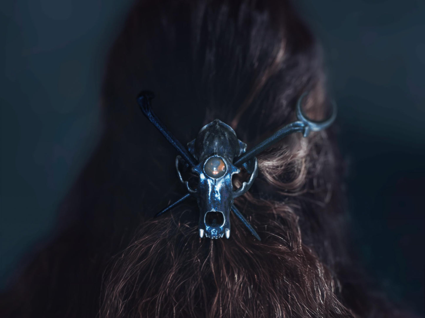 Bear skull hair pin, Silver Night paint scheme