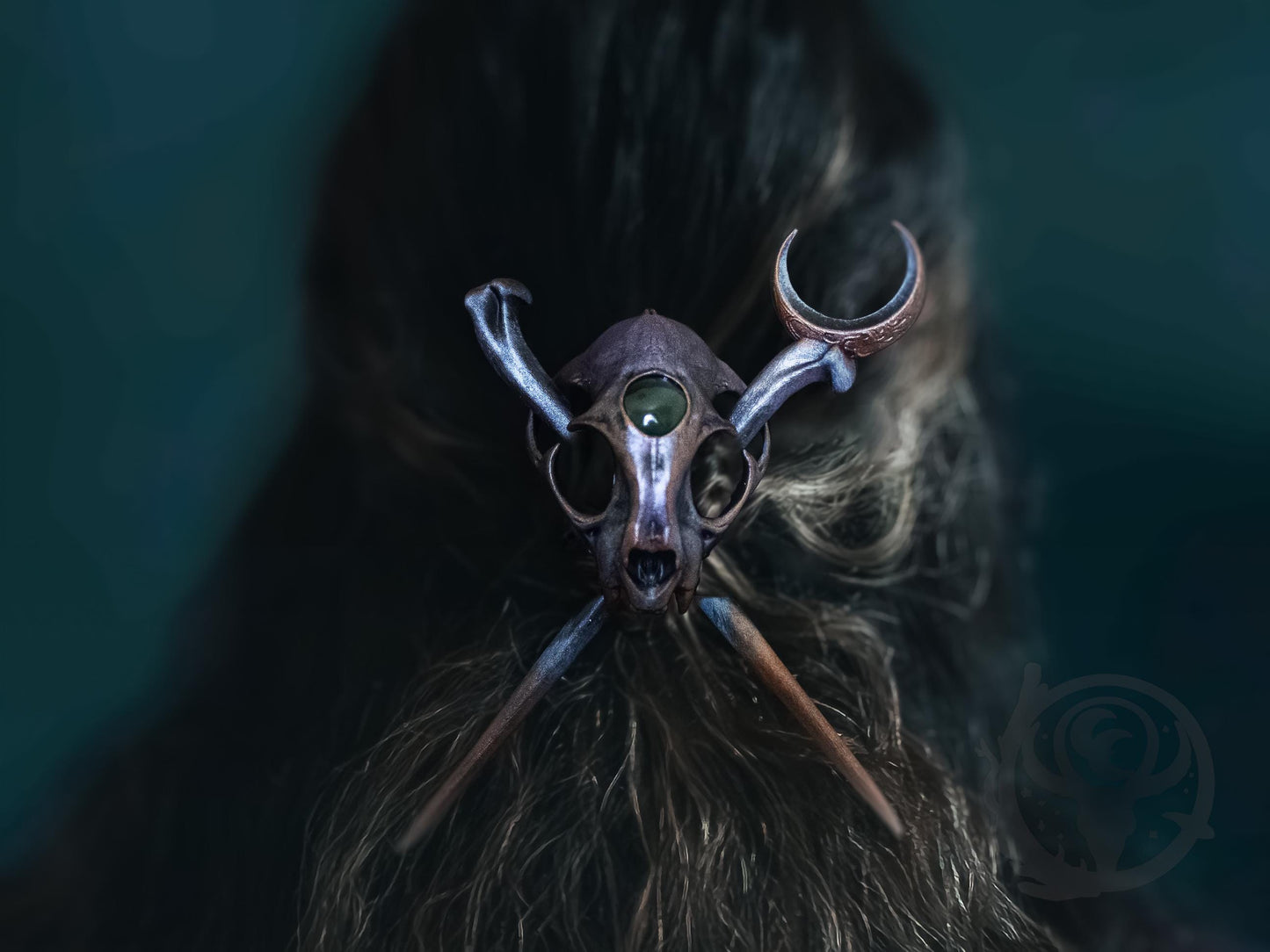 Cat skull hair pin (Small), Copper Purple paint scheme