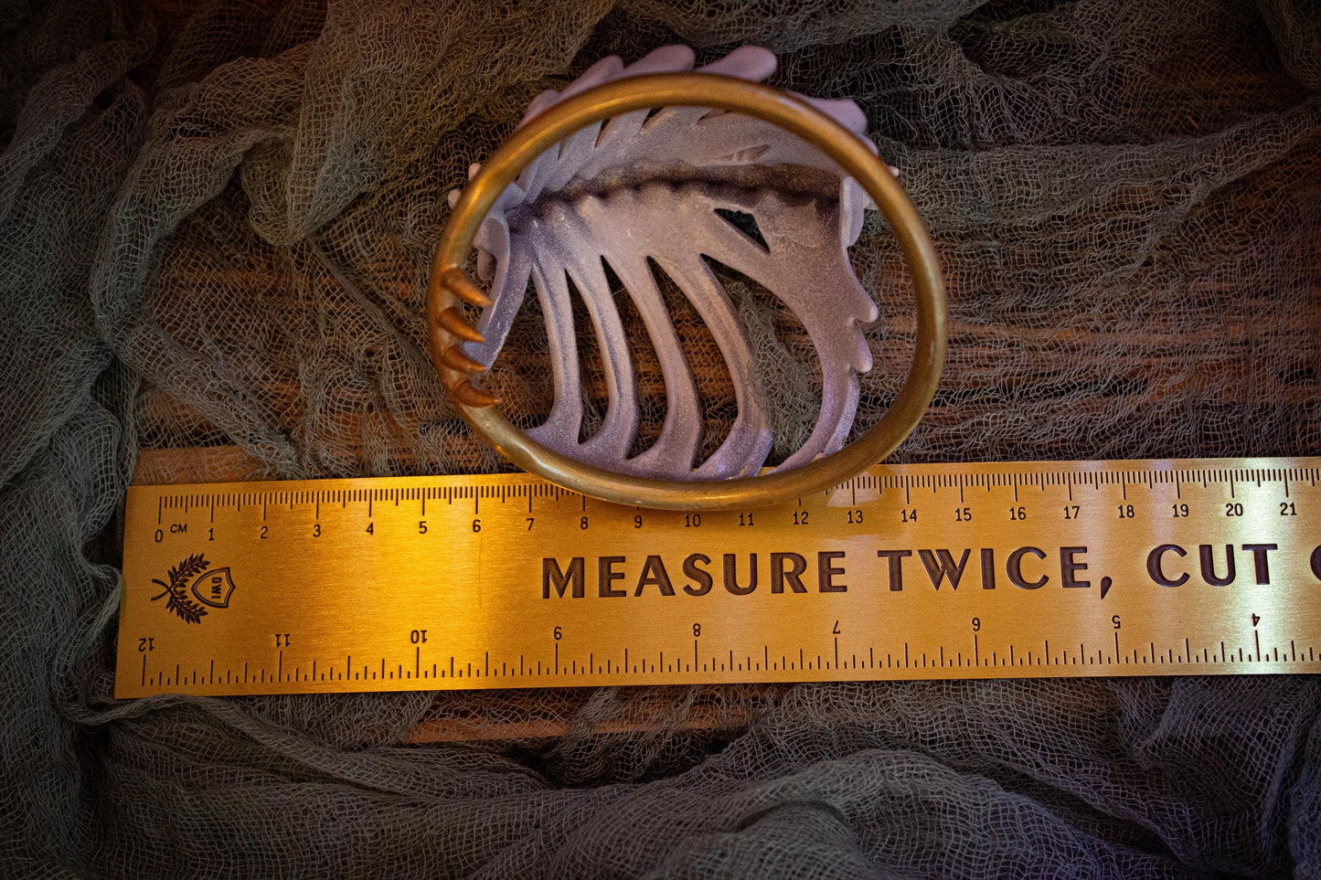 Measurement of the bun cover showing the underside and hooks (~10cm in length)